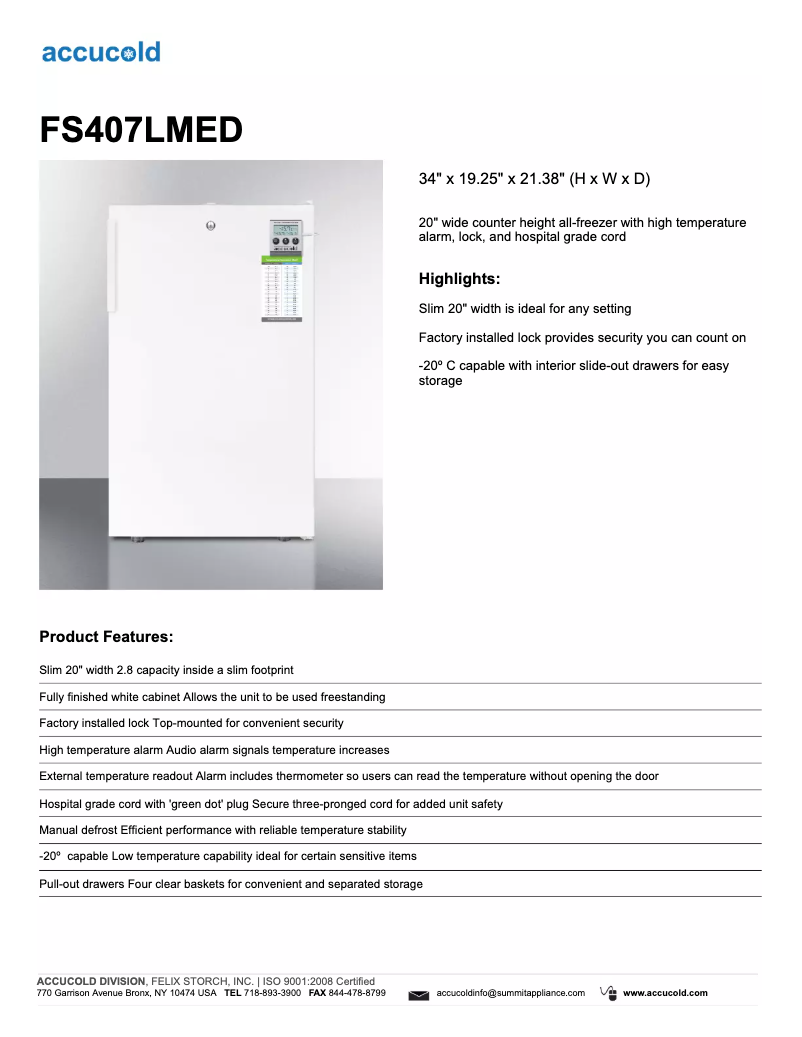 Página 1 del manual Ficha técnica Summit Accucold FS407LMED