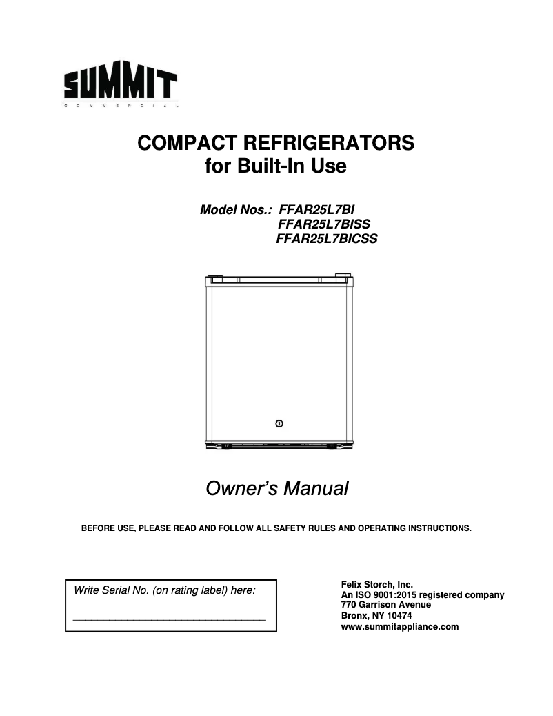 Página 1 del manual Manual de usuario Summit FFAR25L7BICSS