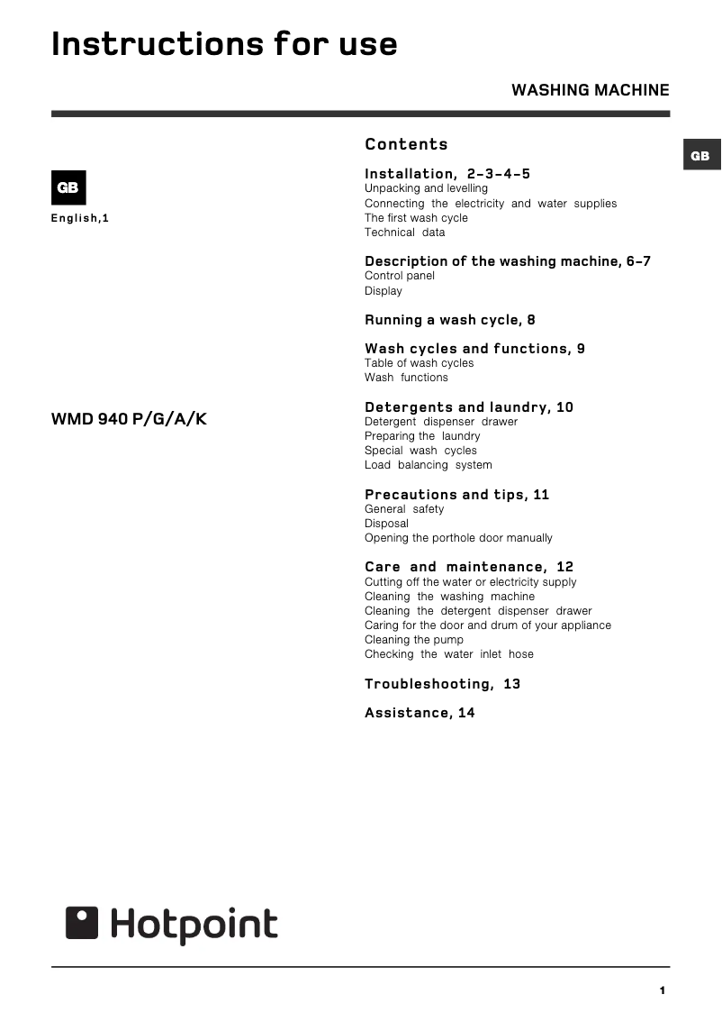 Página 1 del manual Manual de usuario Hotpoint WMD 940 G