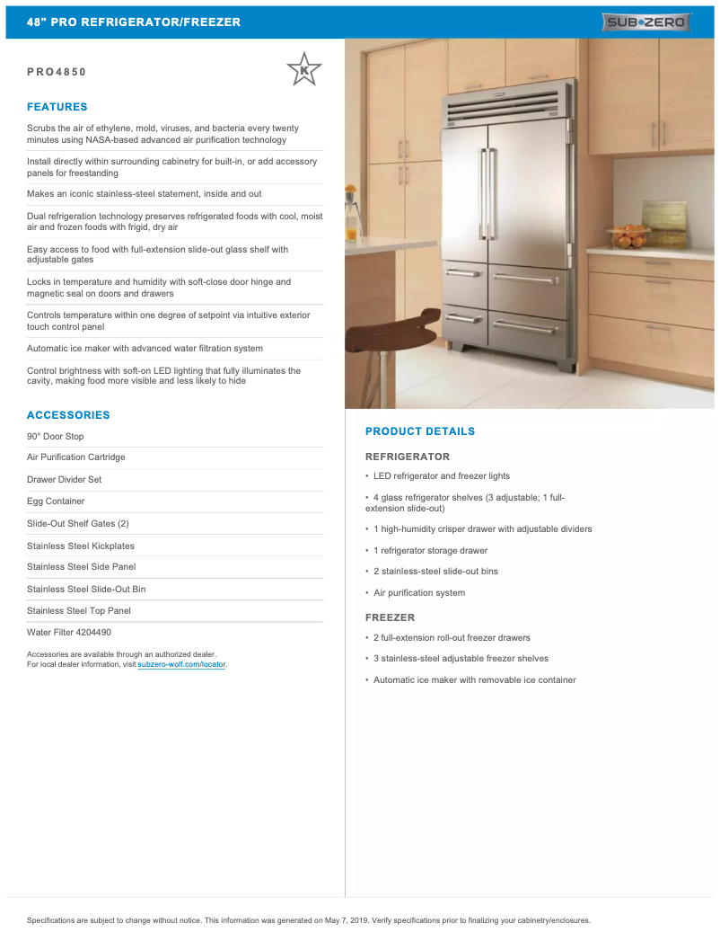 Página 1 del manual Ficha técnica Sub-Zero PRO4850