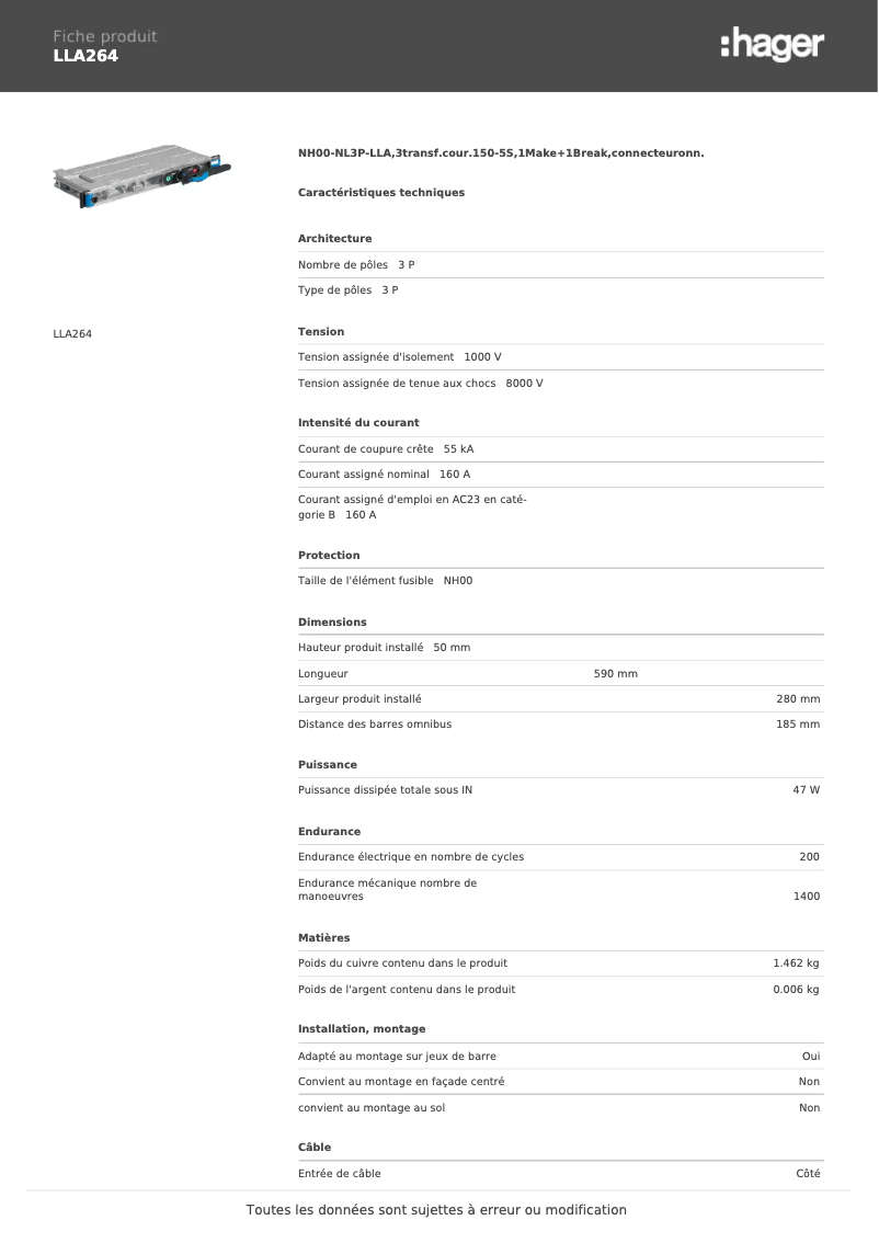 Página 1 del manual Ficha técnica Hager LLA264