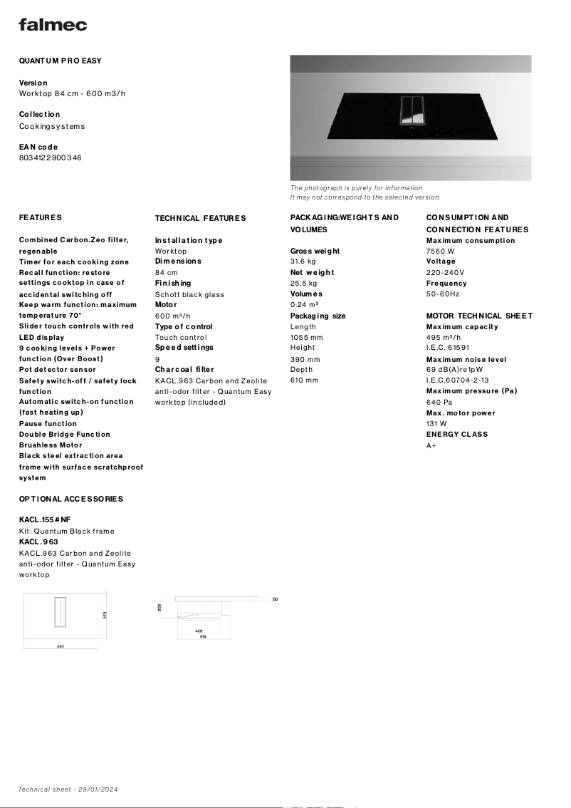 Página 1 del manual Ficha técnica Falmec Quantum Pro Easy