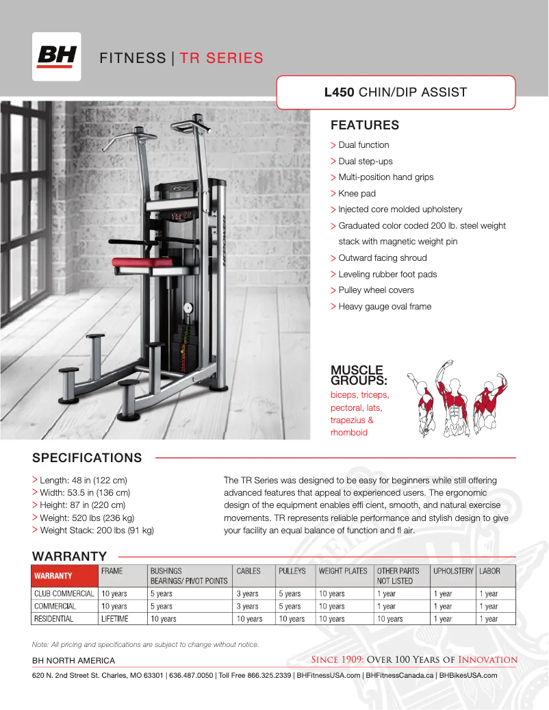 Página 1 del manual Ficha técnica BH Fitness L450