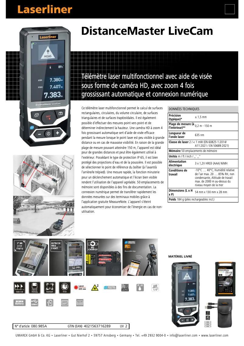 Página 1 del manual Ficha técnica Laserliner DistanceMaster LiveCam