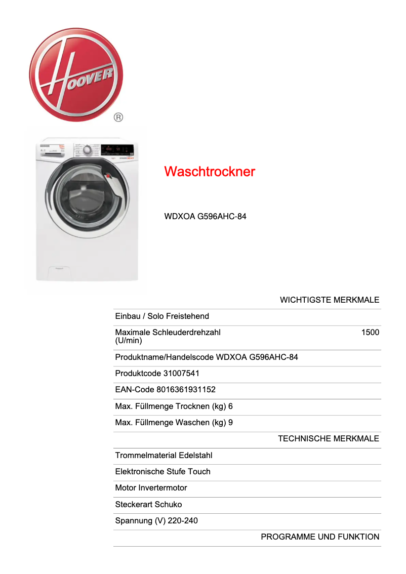 Página 1 del manual Manual de usuario Hoover WDXOA G596AHC-84