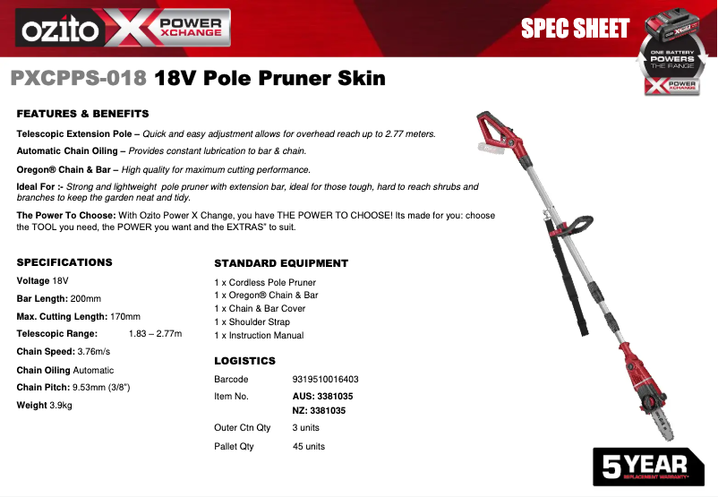 Página 1 del manual Ficha técnica Ozito PXCPPS-018