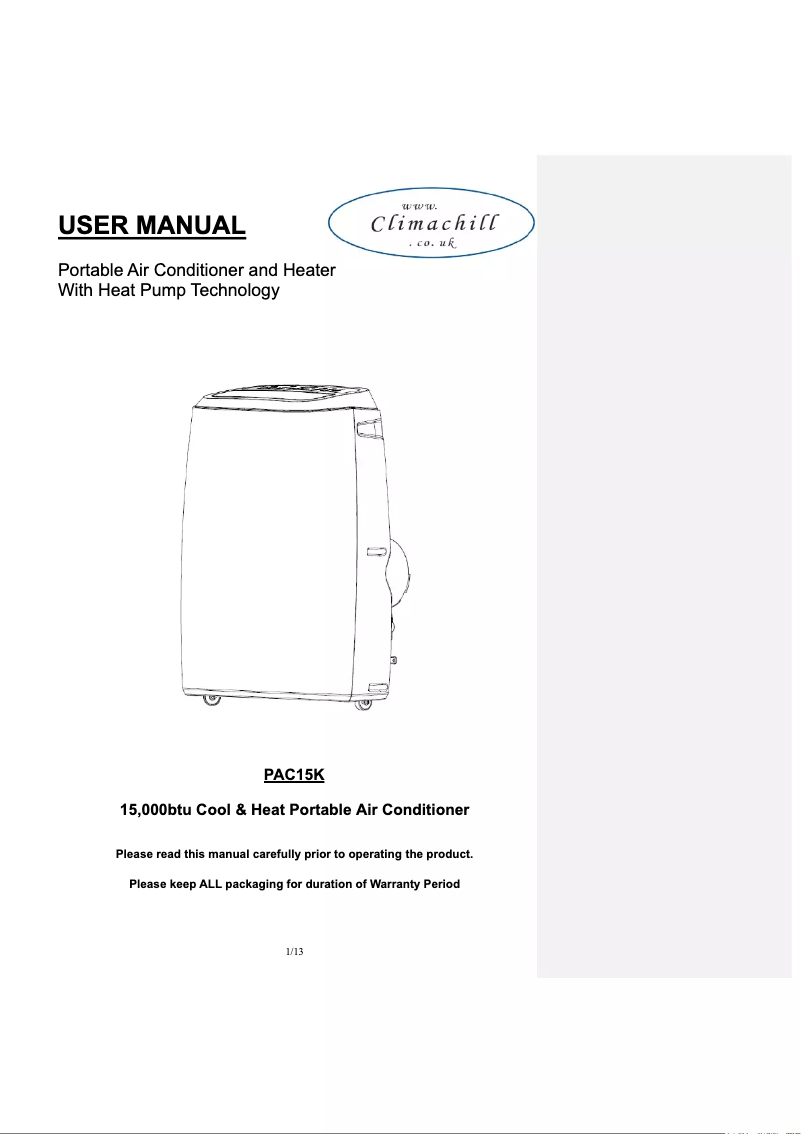 Página 1 del manual Manual de usuario Climachill PAC15K