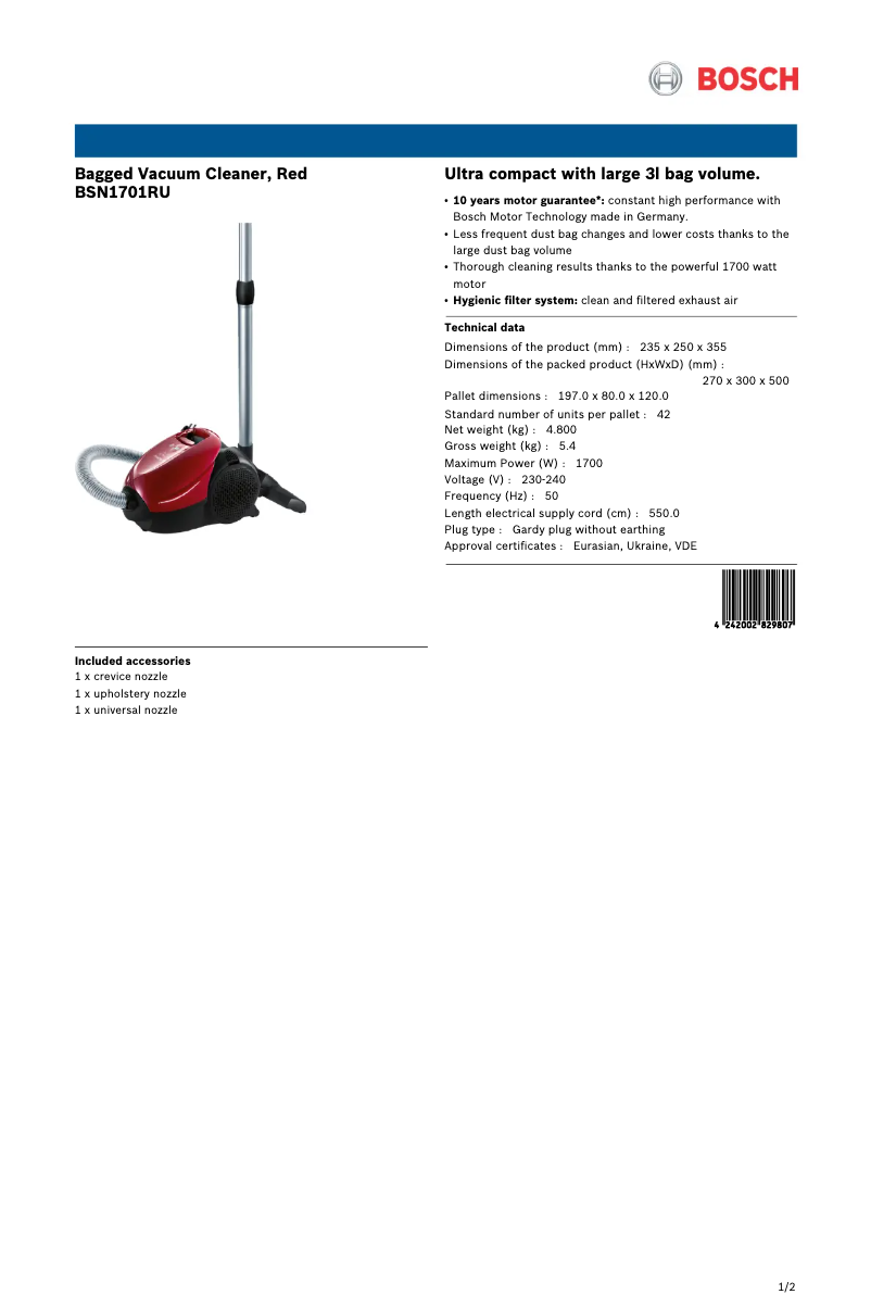 Página 1 del manual Ficha técnica Bosch BSN1701RU