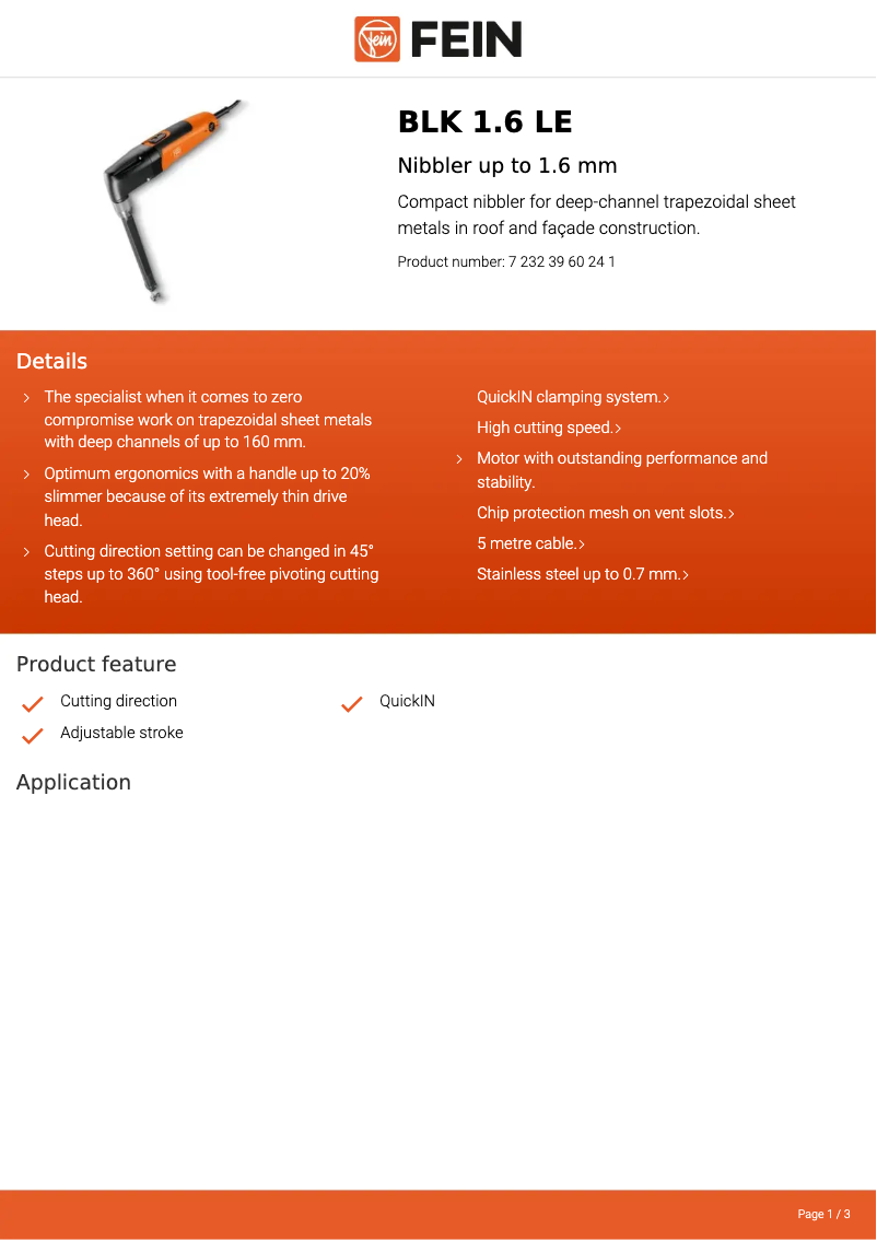 Página 1 del manual Ficha técnica Fein BLK 1.6 LE