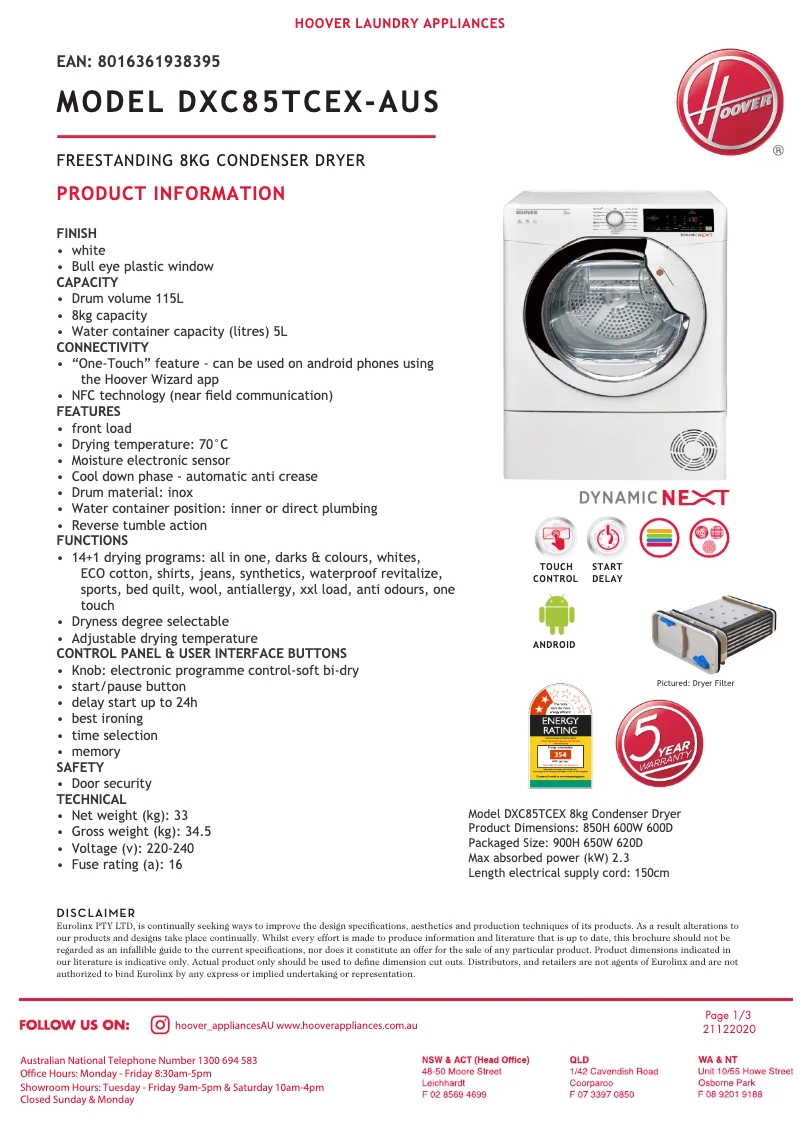 Página 1 del manual Ficha técnica Hoover DX C85TCEX-AUS