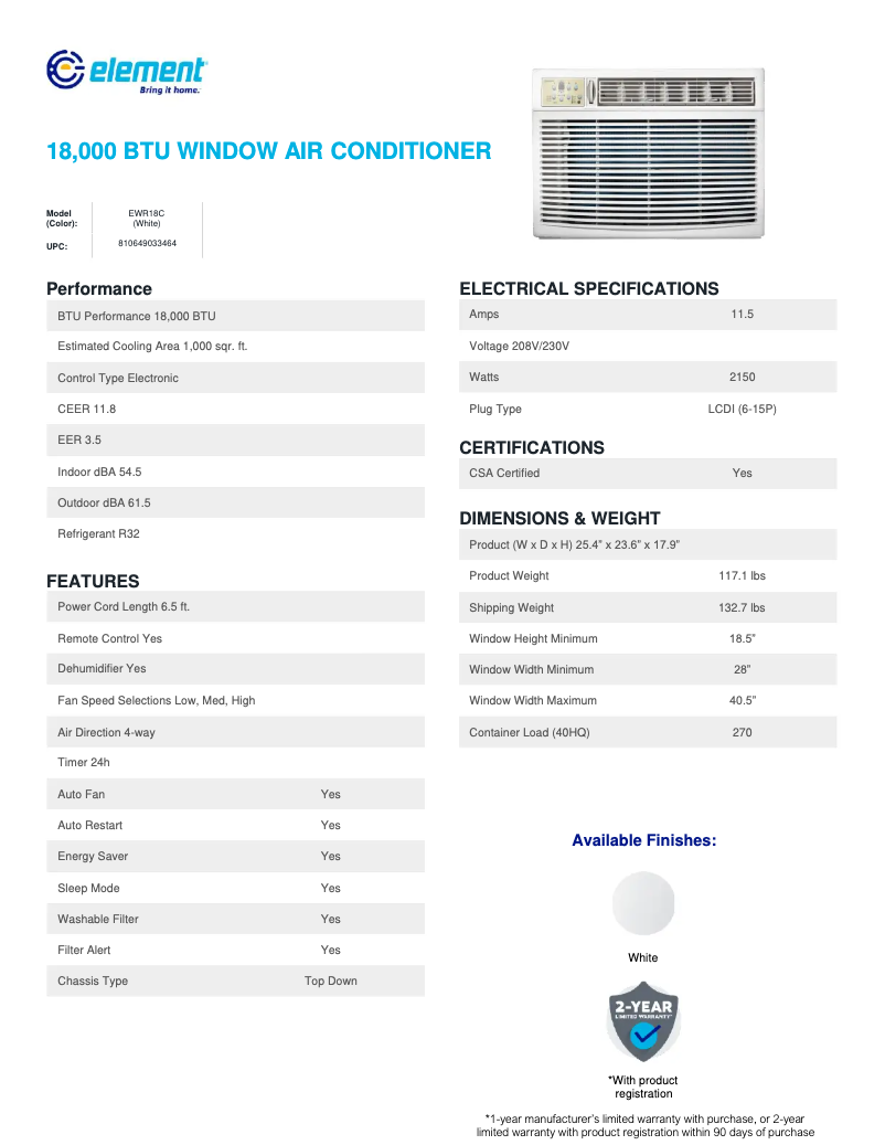 Página 1 del manual Ficha técnica Element EWR18C