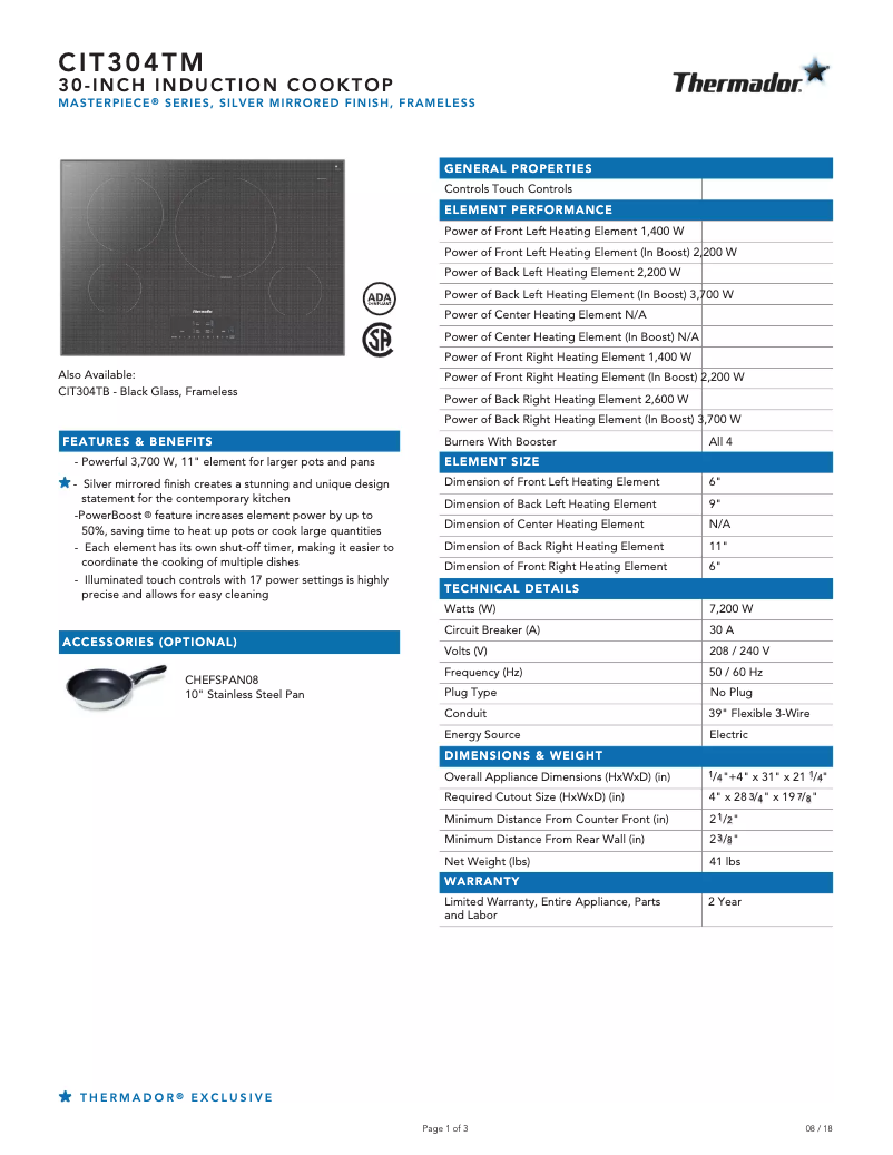 Página 1 del manual Ficha técnica Thermador CIT304TM