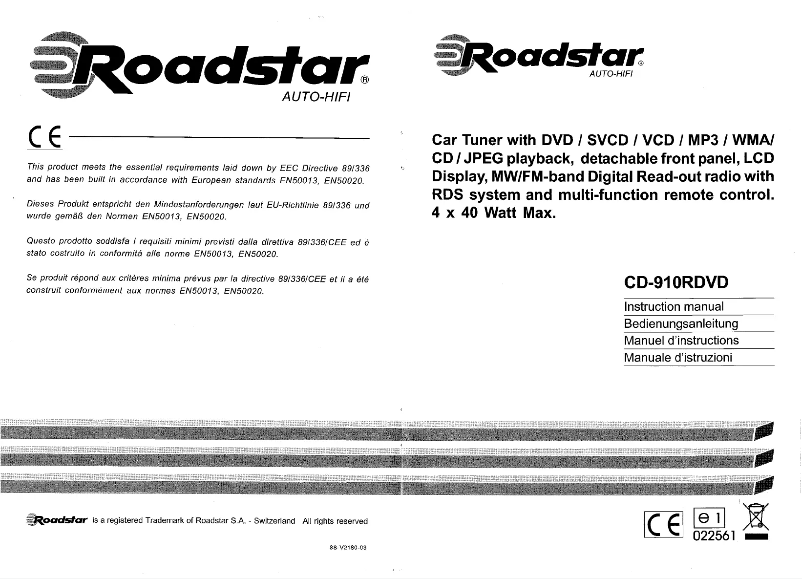 Página 1 del manual Manual de usuario Roadstar CD-910RDVD