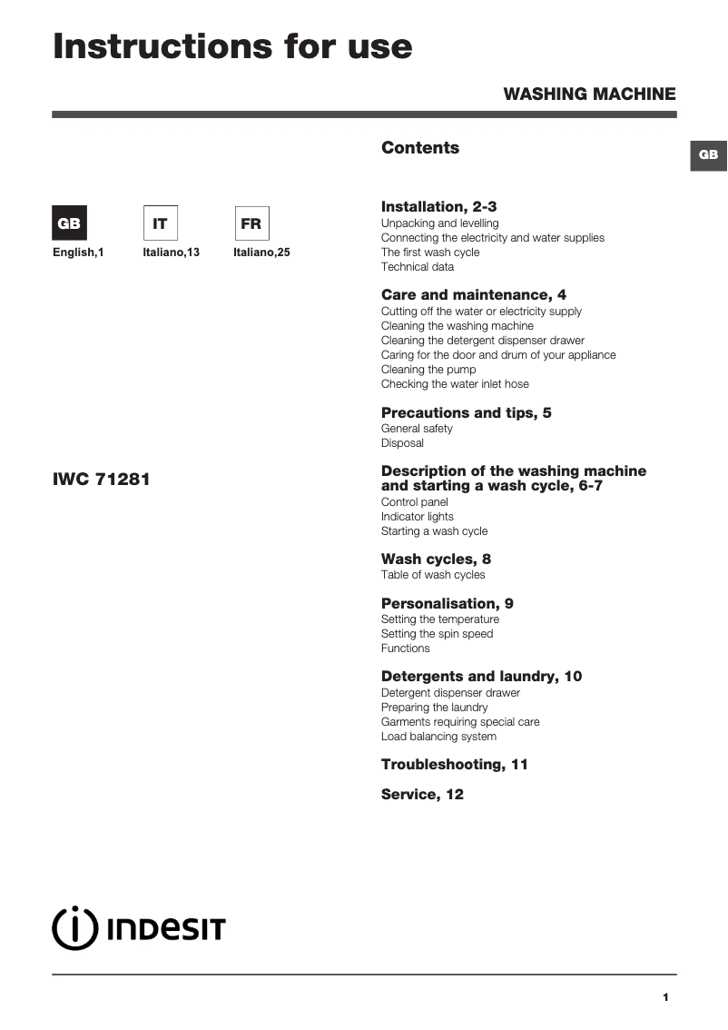 Página 1 del manual Manual de usuario Indesit IWC 71281ECOEU60HZ.R