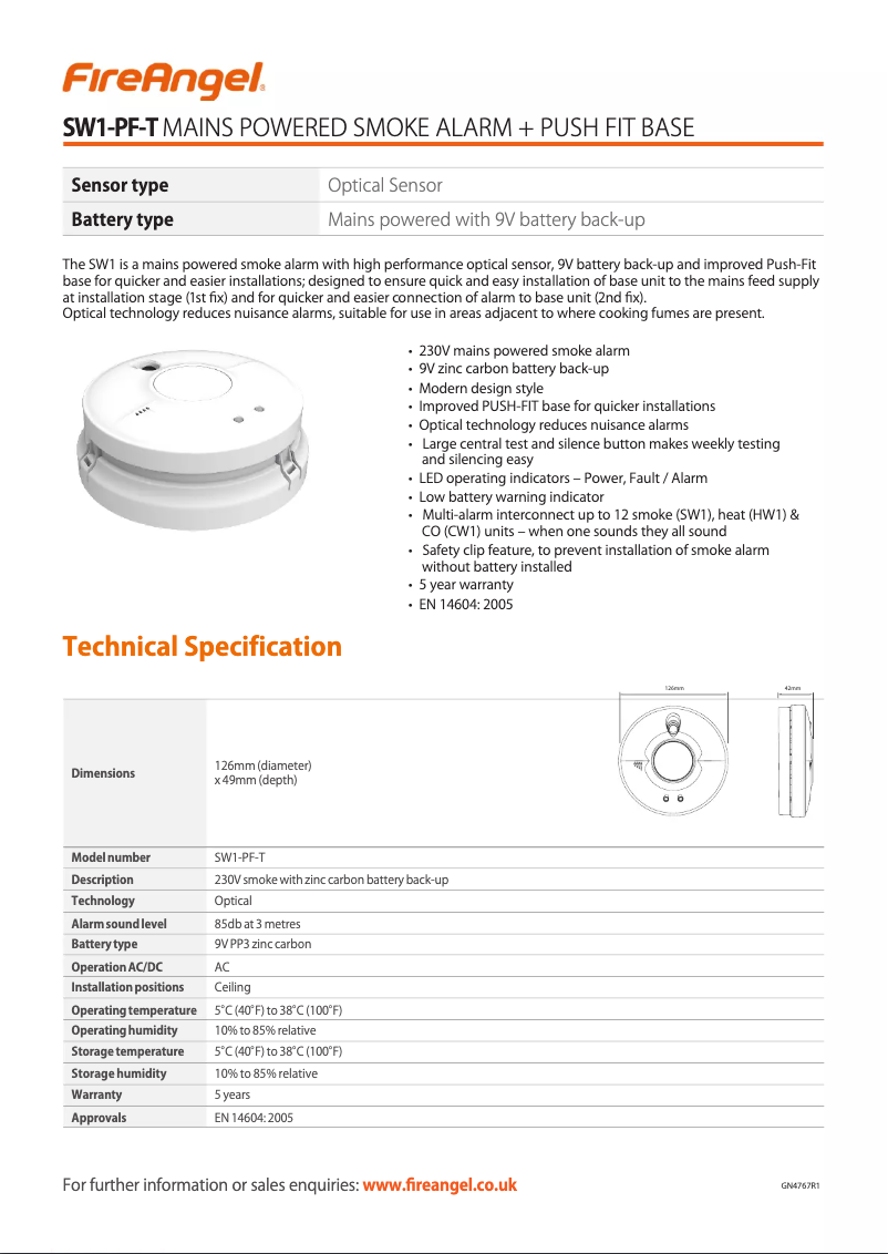 Página 1 del manual Ficha técnica FireAngel SW1-PF-T