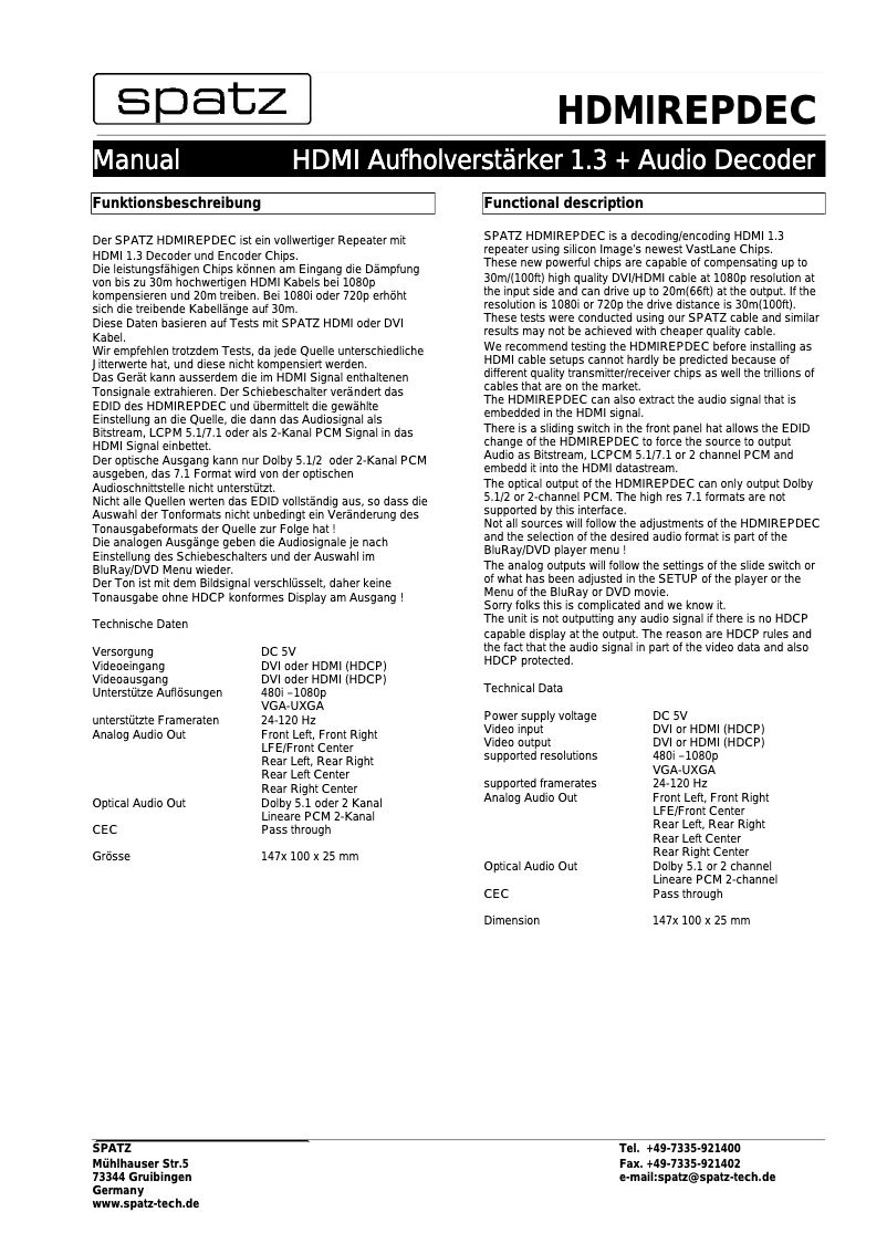 Página 1 del manual Manual de usuario Spatz HDMIREPDEC