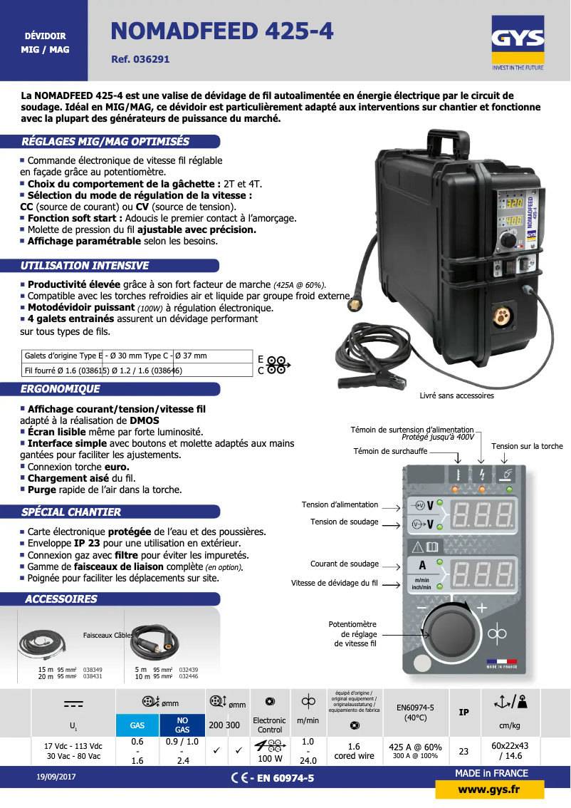 Página 1 del manual Ficha técnica GYS Nomadfeed 425-4