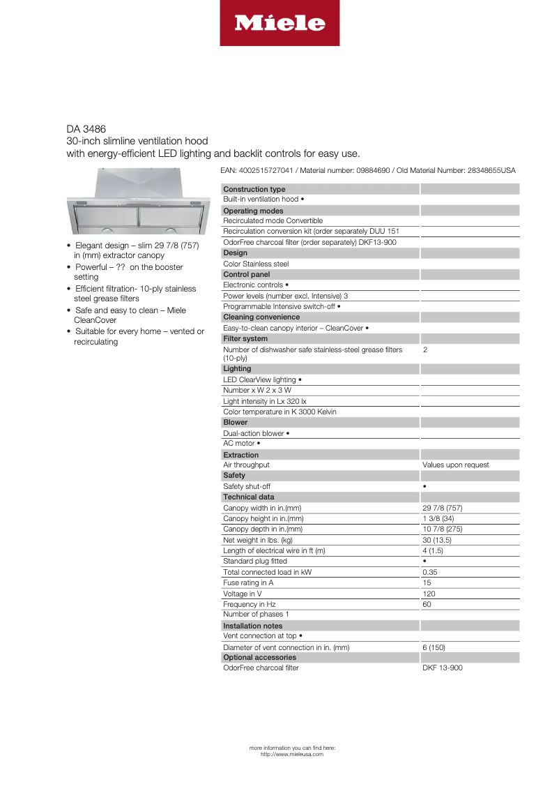 Página 1 del manual Ficha técnica Miele DA 3486