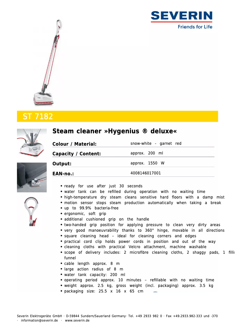 Página 1 del manual Ficha técnica Severin Hygenius Deluxe ST 7182