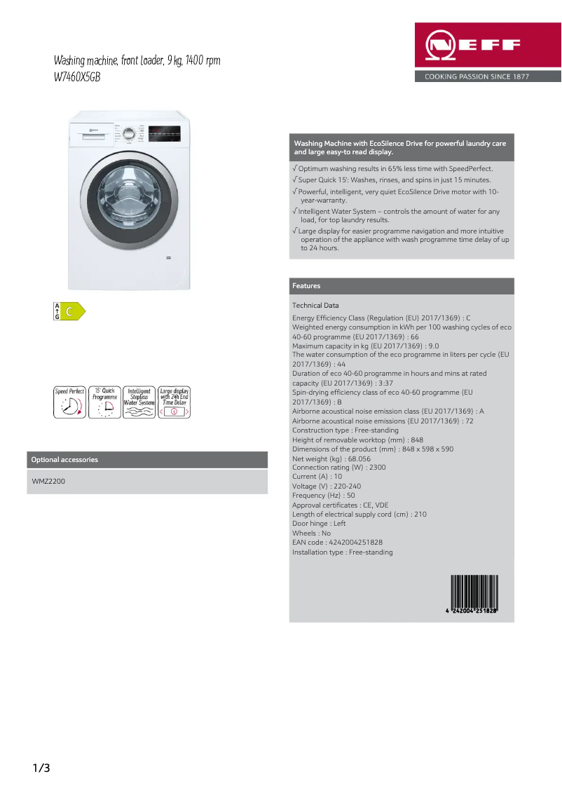 Página 1 del manual Ficha técnica Neff W7460X5GB