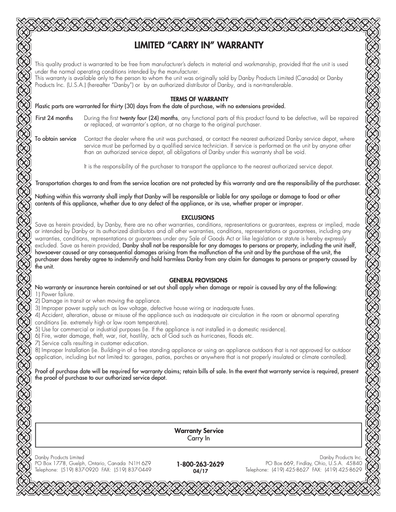 Página nº 1 - Información de garantía Danby DDR020BJWDB