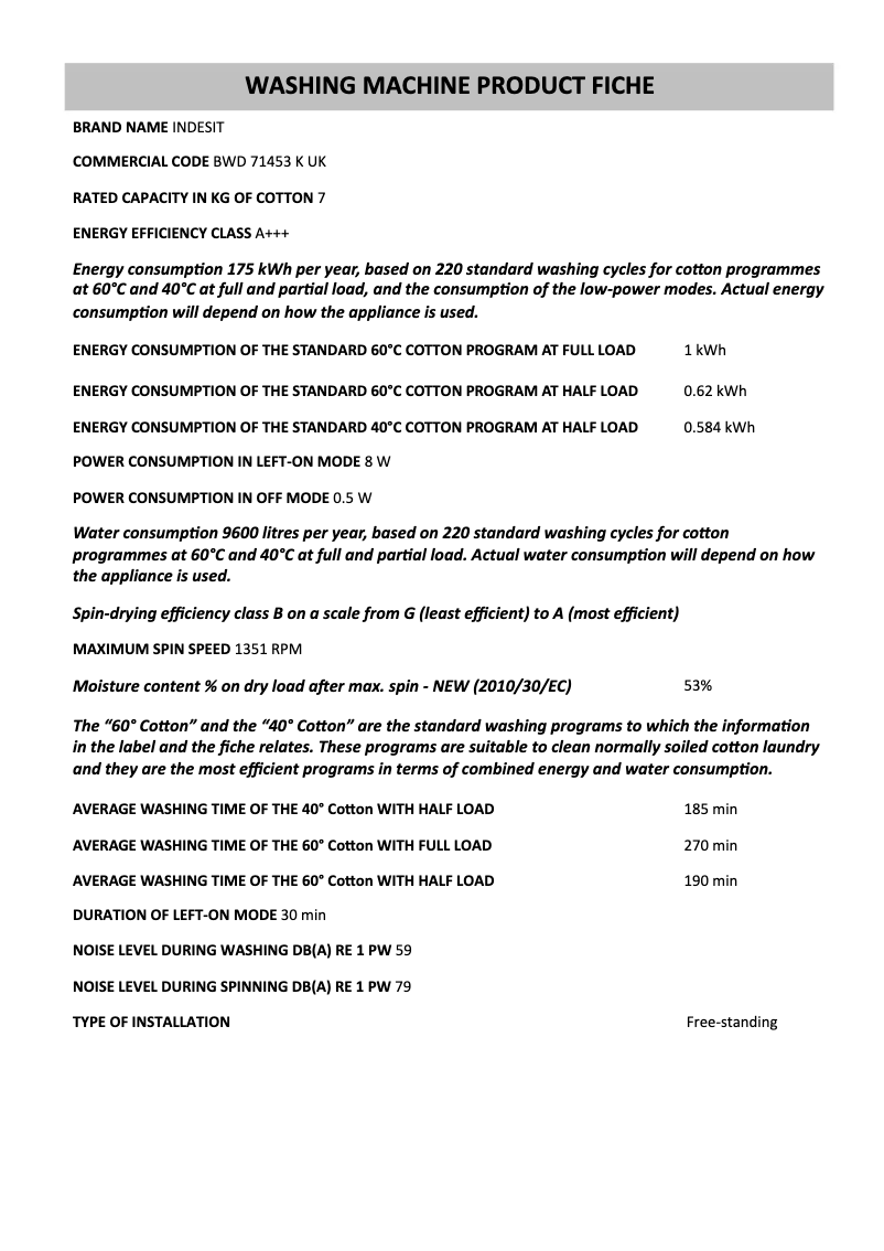 Página 1 del manual Ficha técnica Indesit BWD 71453 K UK