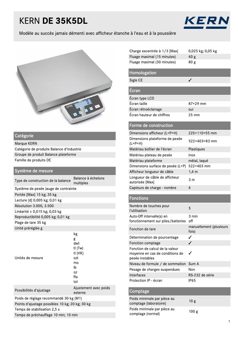 Página 1 del manual Ficha técnica Kern DE 35K5DL