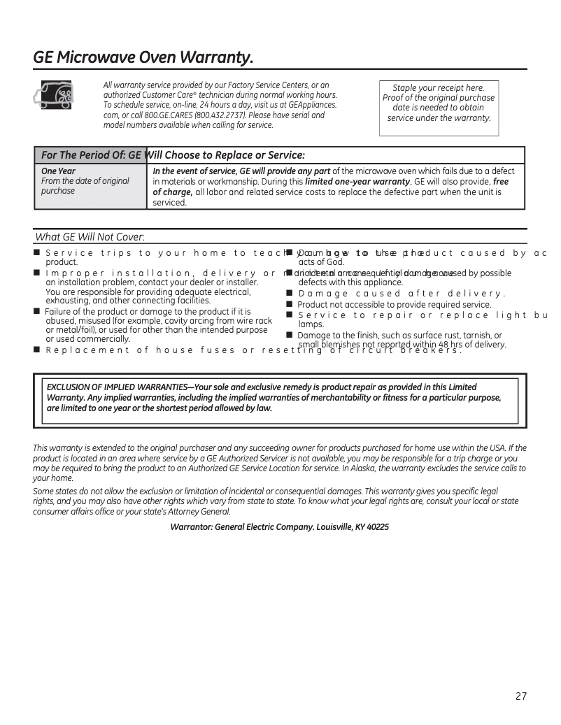 Página 1 del manual Información de garantía GE JVM6172SKSS