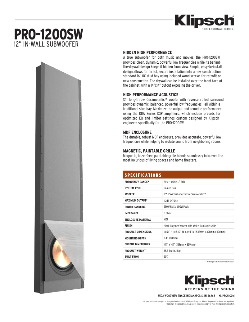 Página 1 del manual Ficha técnica Klipsch PRO-1200SW