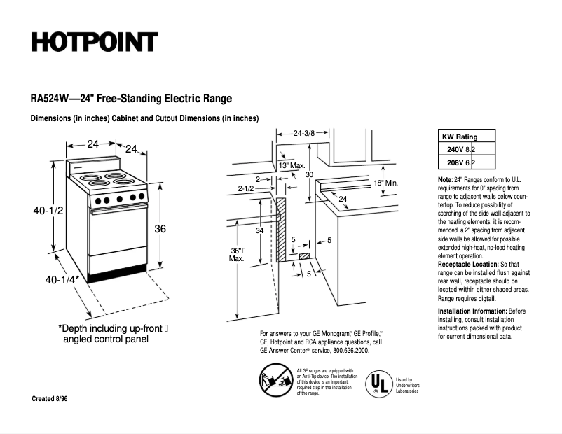 Página 1 del manual Ficha técnica Hotpoint RA524WWH