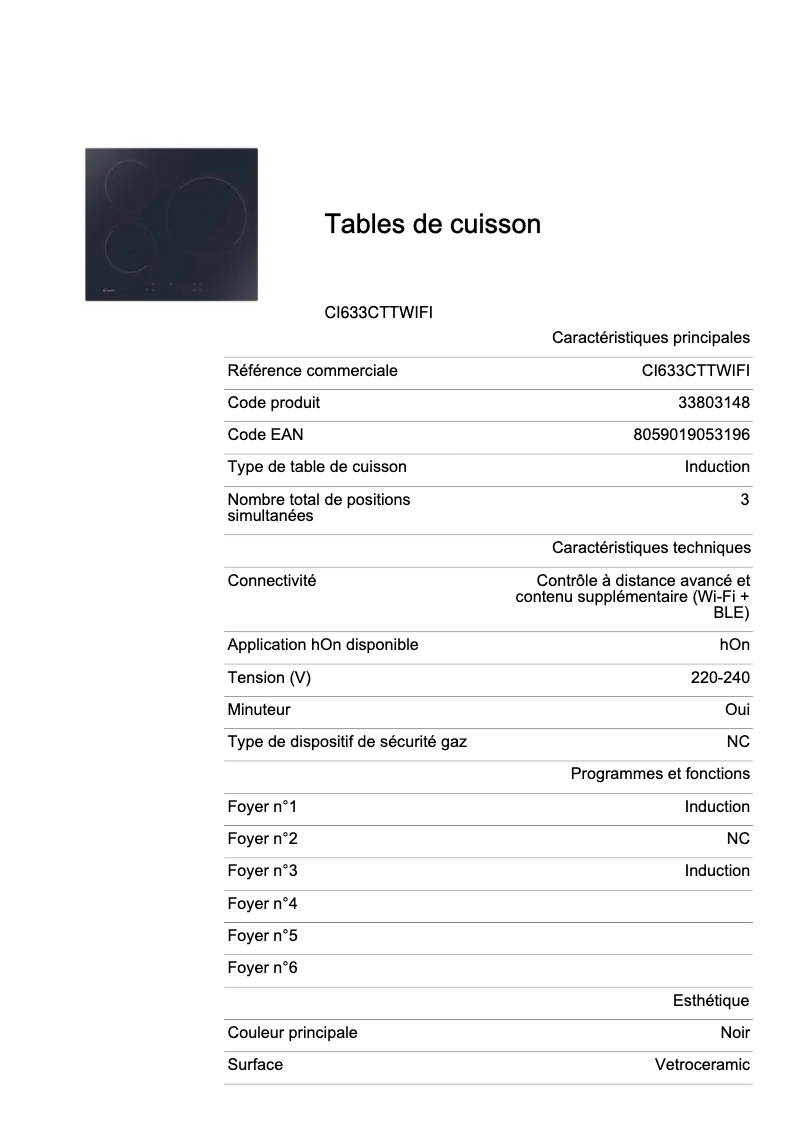 Página 1 del manual Ficha técnica Candy CI633CTTWIFI