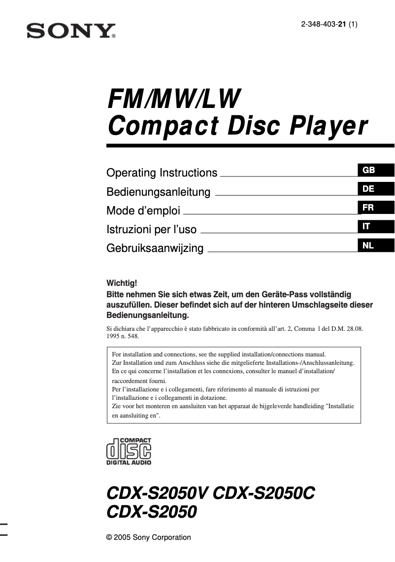 Imagen de la primera página del manual del dispositivo CDX-S2050C
