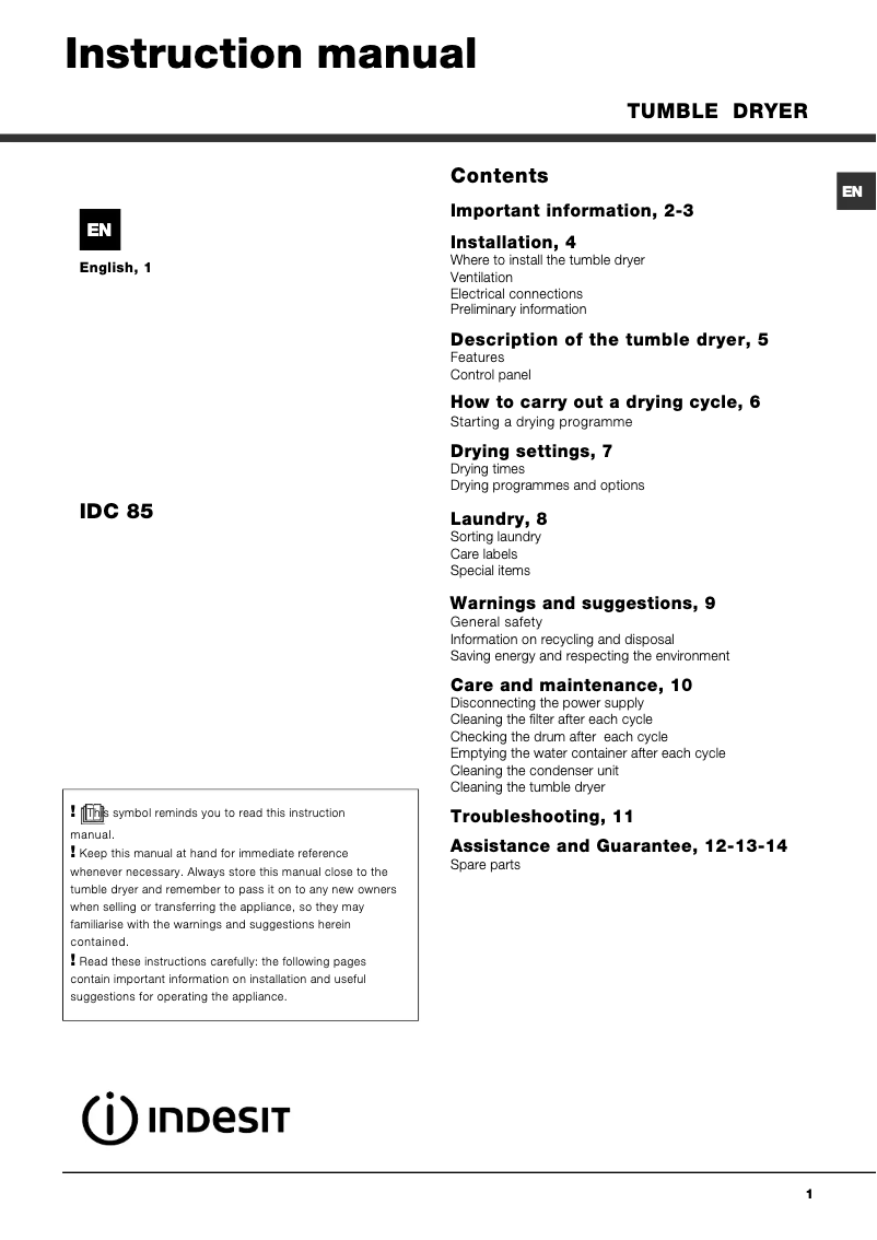 Imagen de la primera página del manual del dispositivo IDC 85