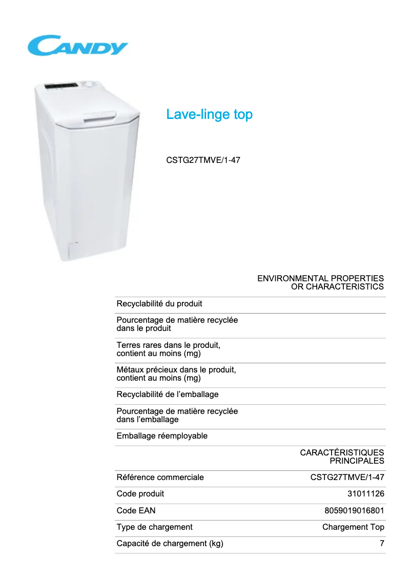 Página 1 del manual Ficha técnica Candy CSTG27TMVE/1-47