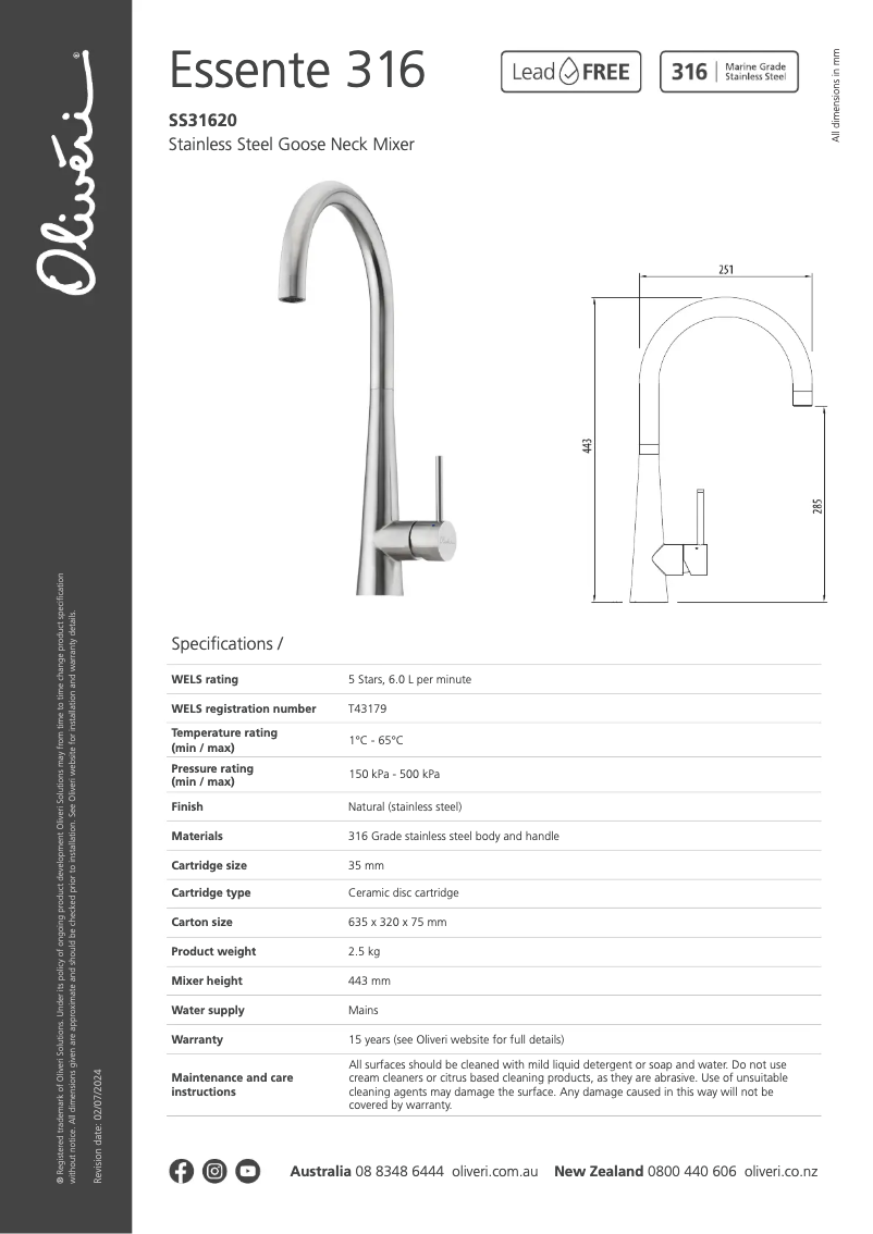 Página nº 1 - Ficha técnica Oliveri Essente SS31620