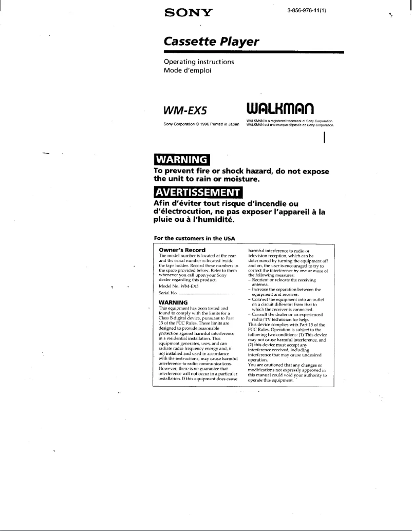 Página nº 1 - Manual de usuario Sony Walkman WM-EX5