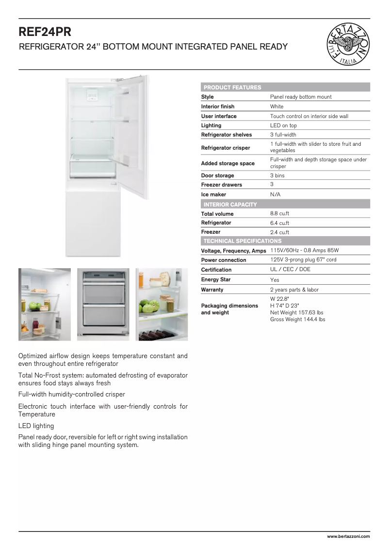 Página 1 del manual Ficha técnica Bertazzoni REF24PR