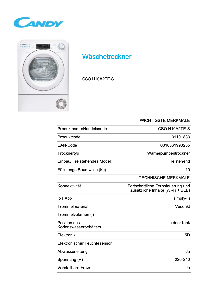 Página 1 del manual Ficha técnica Candy CSO H10A2TE-S