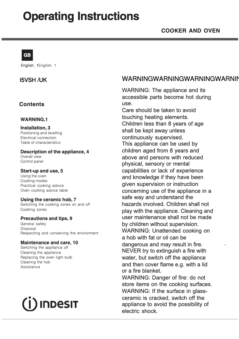 Página 1 del manual Manual de instrucciones Indesit I5VSH(K)/UK