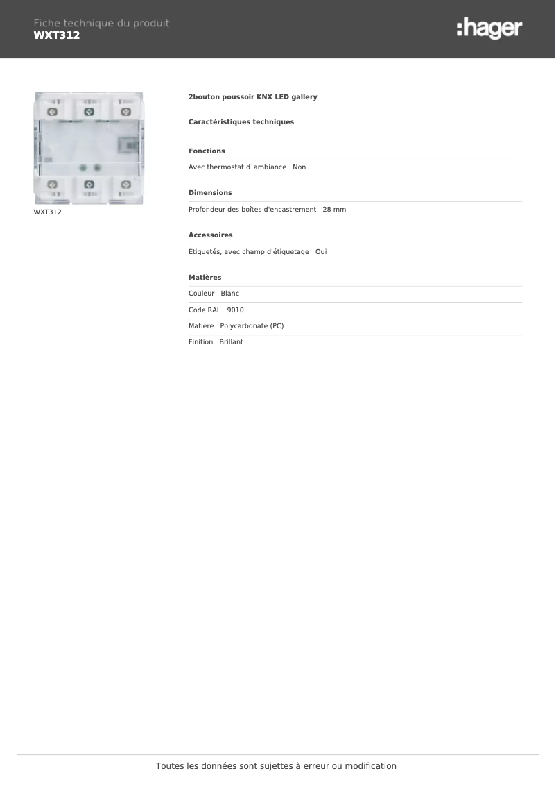 Página 1 del manual Ficha técnica Hager WXT312