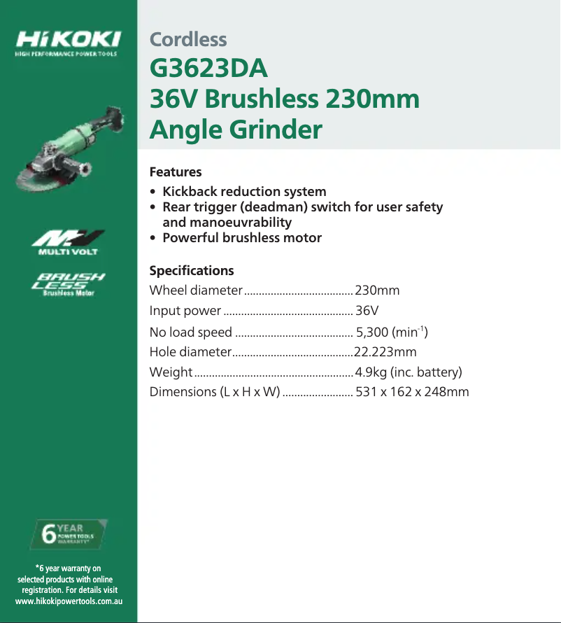 Página 1 del manual Ficha técnica HiKOKI G 3623DA