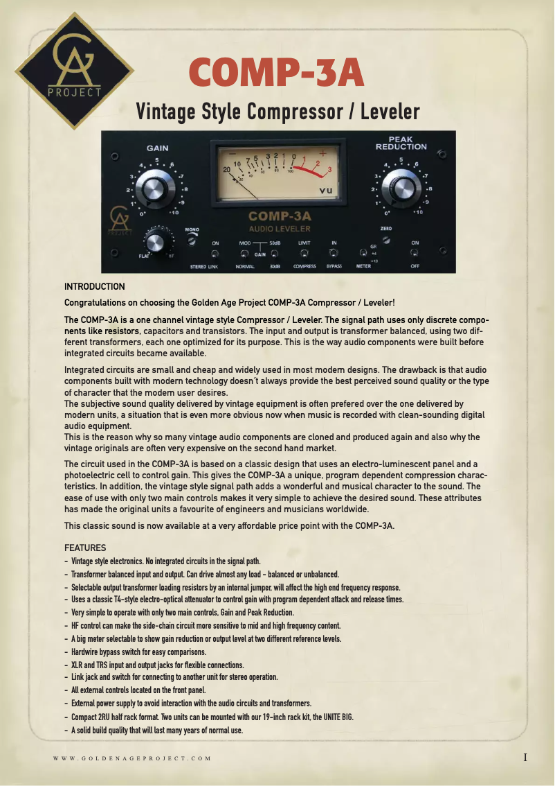Página 1 del manual Manual de usuario Golden Age Project Comp-3A