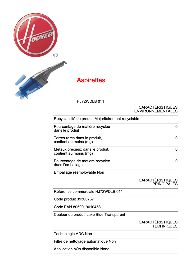 Página 1 del manual Ficha técnica Hoover Jive Lithium HJ72WDLB 011