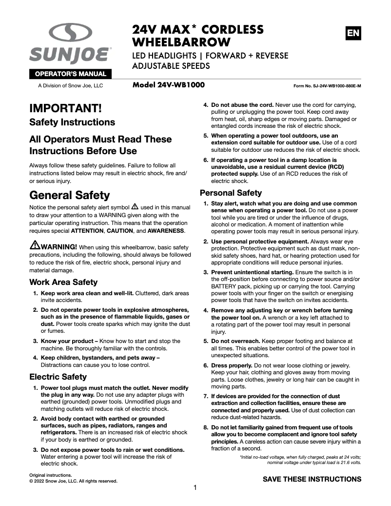 Página 1 del manual Manual de usuario Sun Joe 24V-WB1000