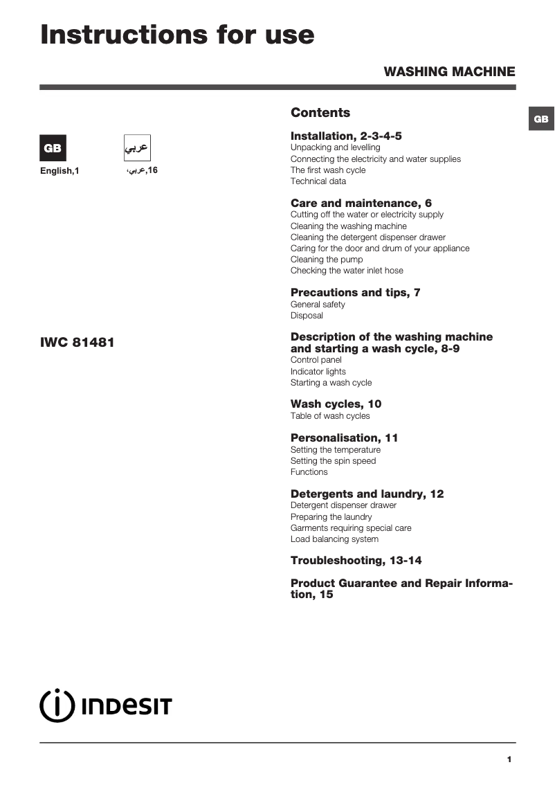 Página 1 del manual Manual de usuario Indesit IWC 81481 ECO UK.M