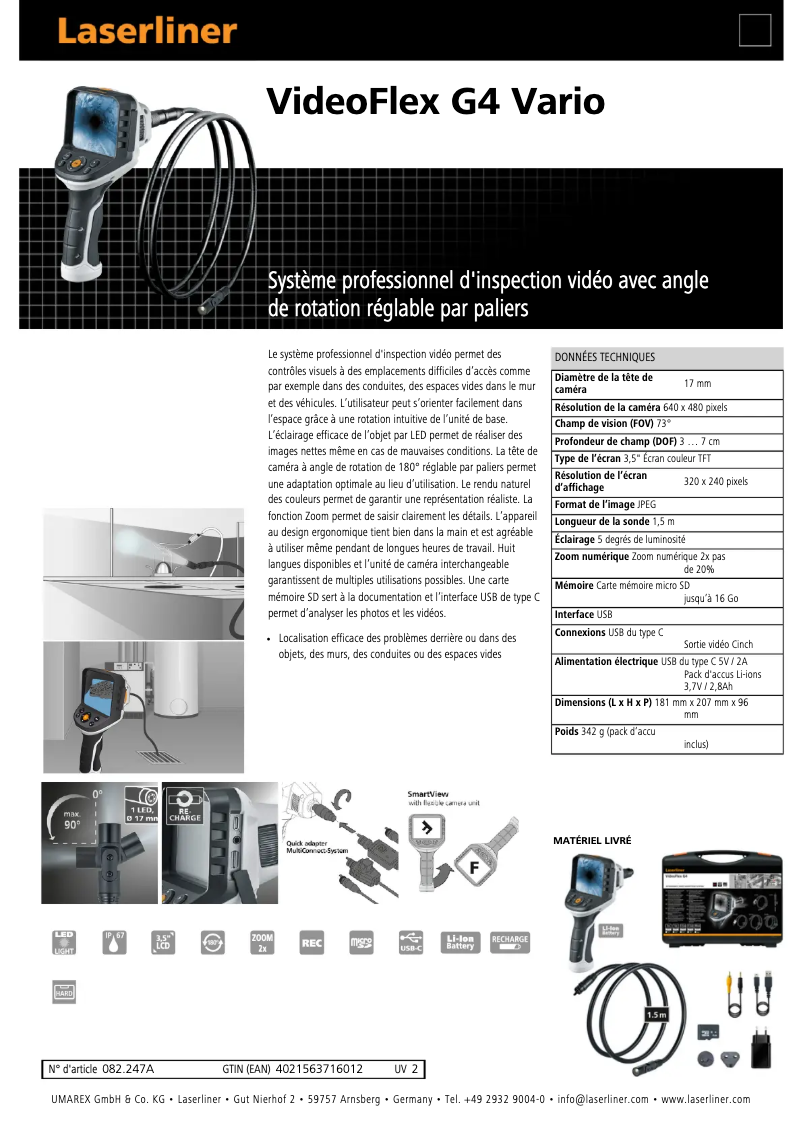 Página 1 del manual Ficha técnica Laserliner VideoFlex G4 Vario