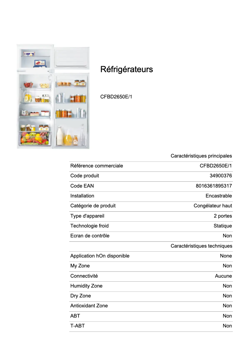 Página 1 del manual Ficha técnica Candy CFBD2650E/1