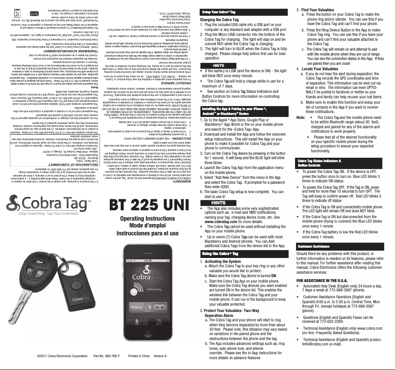 Página nº 1 - Manual de usuario Cobra BT 225 UNI