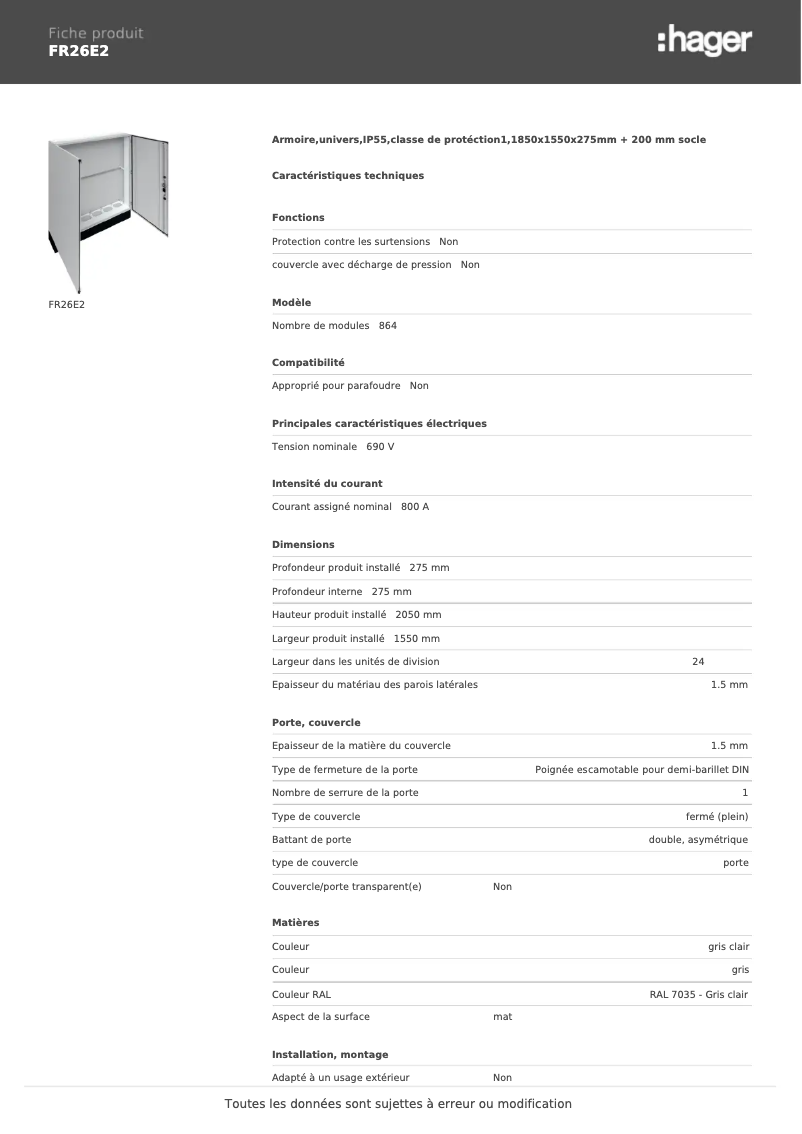 Página 1 del manual Ficha técnica Hager FR26E2