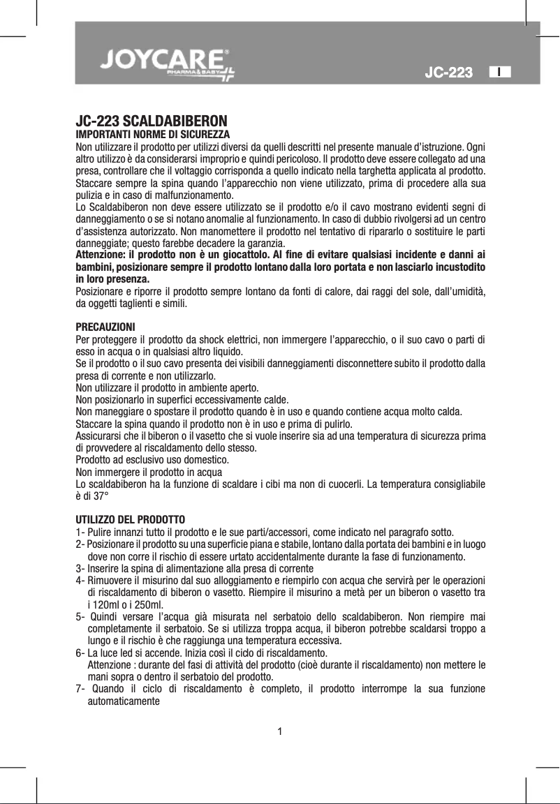 Imagen de la primera página del manual del dispositivo JC-223